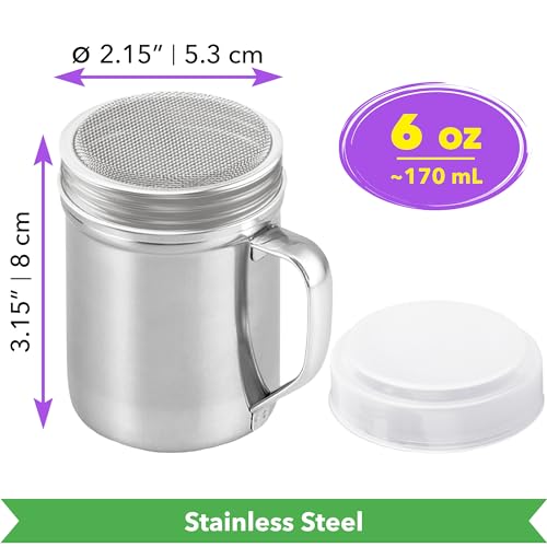 Powdered Sugar Shaker Duster - With Handle - Cinnamon Shaker For Coffee Bar - Fine Mesh Dredge - 6 ounce | Style: Fine - size: 6 Ounce