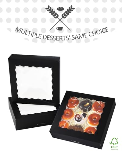 qiqee Auto-pop up Black Pie Boxes with Window 10x10x2.5 inch 30Packs Cookie Donut Bakery Box - color: Black, size: 10"x10"x2.5"/30 Pcs
