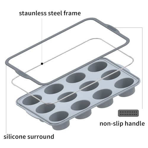 Aichoof 12 Cup Silicone Muffin Pan, Non-Stick Baking Mold w/Steel Frame - size: 12 Cup Muffin Pan(Grey, 1-PCS)