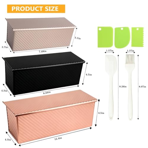 3 Pack Set Pullman Loaf Pan with Lids, 2.2 lb & 1 lb & 0.8 lb Dough Capacity,Non-Stick Sandwich Bread Loaf Pan for Homemade Baking Bread