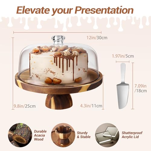 Acacia Wood Cake Stand with Acrylic Lid