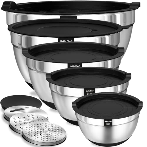 Umite Chef Large Mixing Bowls with Lids Set, 5QT Non-Slip Silicone Base - color: Black