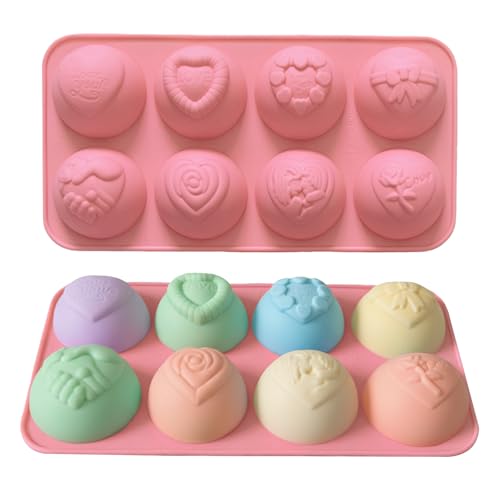 8-Cavities Valentines Silicone Molds with Different Heart Desidgn Semi Sphere Silicone Mold Non-Stick Baking Molds for Candy Pudding Jelly Making Biscuits Cake Decorating 2 Pcs - color: Valentines Styl 44