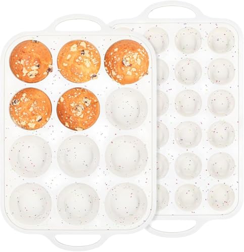 Silicone Muffin Pan with Metal Reinforced Frame - 12 Cups Muffin Pan With 24 Cups for Homemade Muffins, Cupcakes, Oven and Dishwasher Safe - Set of 2, Rainbow Dots - size: Standard+Mini