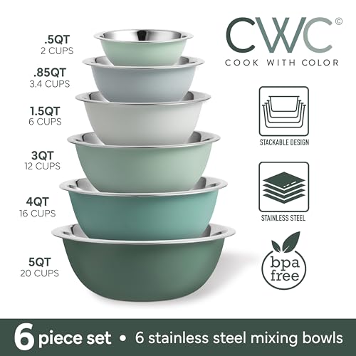 COOK WITH COLOR Stainless Steel Mixing Bowls Set - Nesting Bowls, 6 Pieces, Green - color: Green