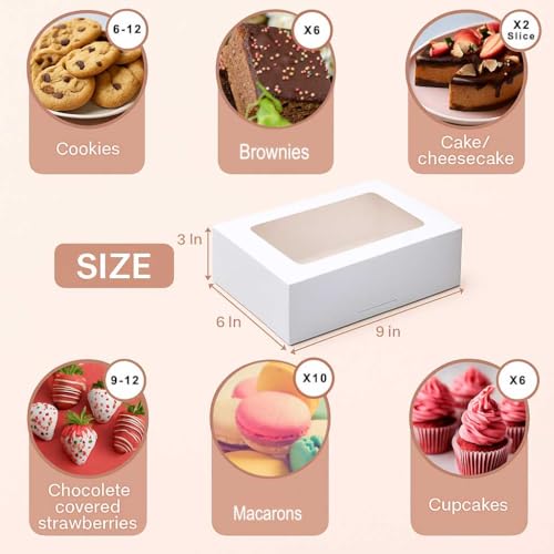 30 Pack 9x6x3in Cookie Boxes with Window, Bakery Boxes for Treats, Desserts - color: White