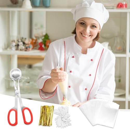 301 Pcs Cake Pop Sticks and Wrappers Kit, Including 100 Papery Lollipop Sticks & Cake Pop Bags & Gold Twist Ties 1 Cake Pop Scooper for Making Candy Lollipop Chocolates Packaging Supplies Accessories