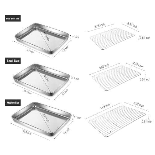 Small Deep Cookie Baking Sheet Pans with Cooling Wire Rest Racks Set 18/8 (304) Stainless Steel Tiny Serving Trays 10.4 x8.1 x1.1Inch Dishwasher Safe for 1~2 Person 2Pans & 2Racks - size: Small 10.4X8.1 Inch
