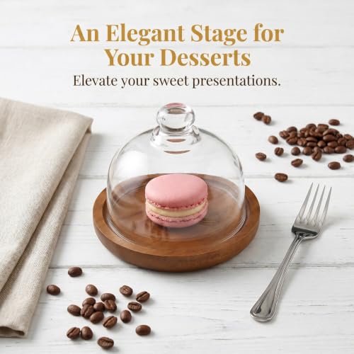 Yardwe 2 Pack Mini Cake Stand with Glass Dome Lid - 3.4" Small Dessert Dome Wood Base - Cupcake Cloche Cover for Pastries Cheese Charcuterie - Clear Glass Plate Server for Individual Portion Display