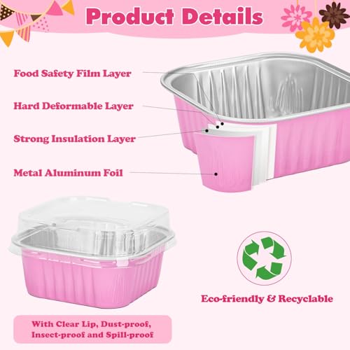 selizo 60 Pack 10oz Mini Disposable Cake Pans with Lids, Aluminum Foil Square Baking Cups, 4.4x4.4 Large Baking Cake Tins Cup Cake Containers with Lids for Thanksgiving Individual Cakes - color: Pink, size: 10oz