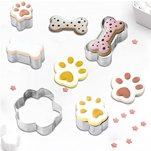 8PCS Dog Bone and Dog Paw Print Cookie Cutters Set, Stainless Steel Metal 4 Sizes Dogs Bone Paw Shape Cookie Cutter, Dogs Theme Party Cookie Cutter Molds for Homemade Treats Baking - color: Dog Bone & Dog Paw