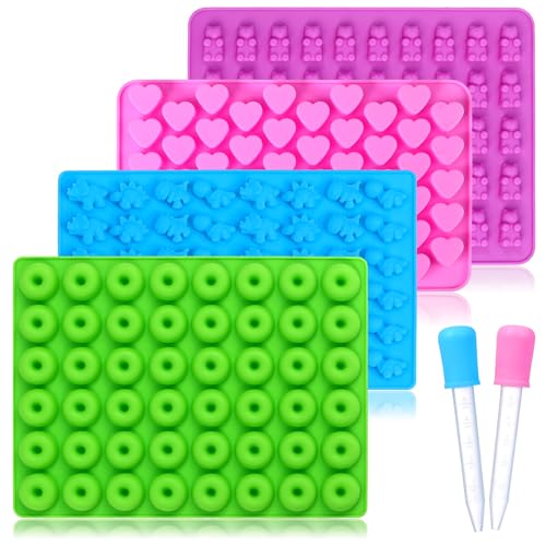 Candy Molds Silicone, with 2 Droppers, Non-Stick Silicone Candy Molds Including Mini Dinosaur, Bear Shape, Hearts and Mini Donut, Set of 4
