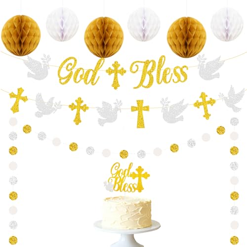 God Bless Banner Cross and Dove Glitter Dots Garland with Cake Topper Honeycomb Balls Set for God Bless Christening Baptism Party Decorations Boys Girls Holy First Communion Décor