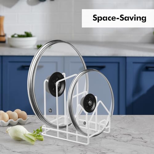 Poeland Kitchen Pot Lid Organizer, Pan Rack with 4 Compartments, Pantry Organizer Rack for Dinnerware, Bakeware, Cookware, Cutting Boards, Pan Lids (Small Size, White) (Pack of 2) - size: 6.1" x 4.2" x 6.1" (Pack of 2)