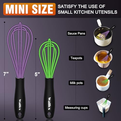 Walfos Whisk,5+7Inch Mini Whisks,Silicone Non Scratch whisk,Heat Resistant(480°F) Small whisks Suitable for stirring individual eggs and mixing small amounts of powder and sauce. Purple & Green - color: 2pcs Purple+ Green; 5+7in