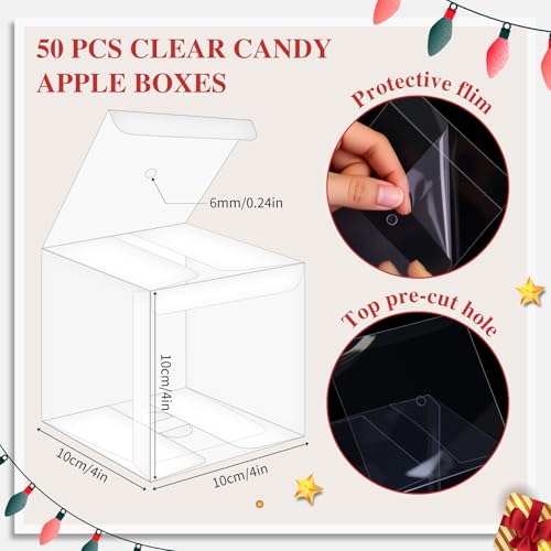 Weysat 100 Pcs Candy Apple Boxes, Silver Base Clear PET with Hole Top - color: Silver