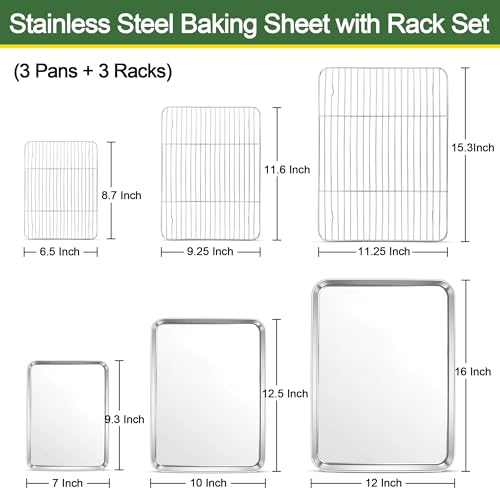 E-far Baking Sheet with Cooling Rack Set (3 Pan + 3 Rack), 16/12.5/9.3 Inch