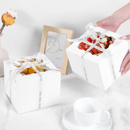 JCD 48pcs Bakery Boxes with Window,6x6x5in Small Bento Cake Box, Mini Cake Boxes sets cake within 6'' (24 Boxes & 24 Boards), Package for Pastries, Cupcakes, Birthday, Wedding(6 * 6 * 5inch/24sets) - size: White 6*6*5inch/24sets