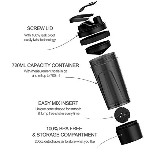 Artoid Mode Fitness Workout Sports Protein Shaker Bottle 24-Ounce, Dual Mixing Technology with Shaker Balls & Mixing Grids Included, Twist and Lock Protein Box Storage Included - color: Stone Gray/Black