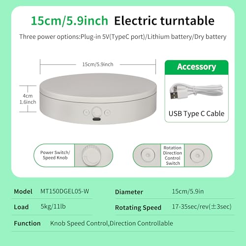 Rotating Display Stand,360° Silent Spinning Display Stand,Speed-adjustable Spinning Platform,Bidirectional Rotating Display Base,Multi-power Electric Turntable For Photography(5.91inch/W) - size: 5.91inch/White/11Lbs Load