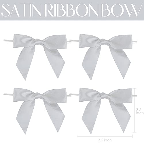 AIMUDI Silver Satin Ribbon Twist Tie Bows 3.5" Pretied Bows Premade Craft Bows for Treat Bags Cake Pop Gift Wrapping Basket Wedding Favors Cookie Candy Bagging Baby Shower - 50 Counts - color: Silver