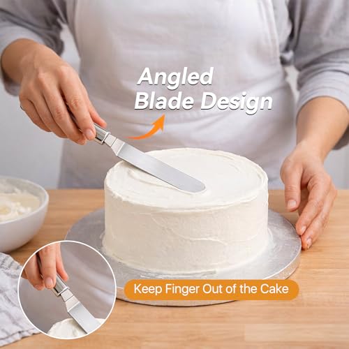 4Pcs Offset Icing Spatula with 3Pcs Cake Smoother Scraper, 4/6/ 8/10 Inch Stainless Steel Cake Icing Spatula, Thickened Angled Frosting Spatula for Cake Stripping Decorating Baking