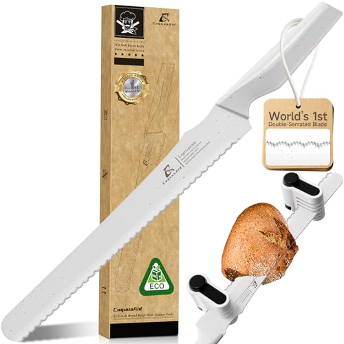 CoquusAid Upgrade Bread Knife for Homemade Bread, World‘s 1st Double Serrated Knife for Crusty Sourdough, 11.6 Inch Stainless Steel Bread Slicer, Professional Sourdough Cutter, Ideal Gift, White - color: White