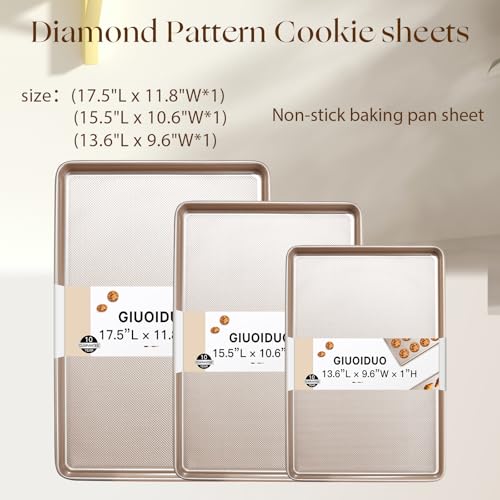 GIUOIDUO Baking Sheet Set of 3, Nonstick Heavy Duty Cookie Sheets for Oven - 13.6"×9.6"/15.5"×10.6"/17.5"×11.8" Warp-Resistant Carbon Steel Bakeware Trays, Champagne Gold, Dishwasher & Oven Safe - size: 3-piece set (17.5X15.5X13.6)