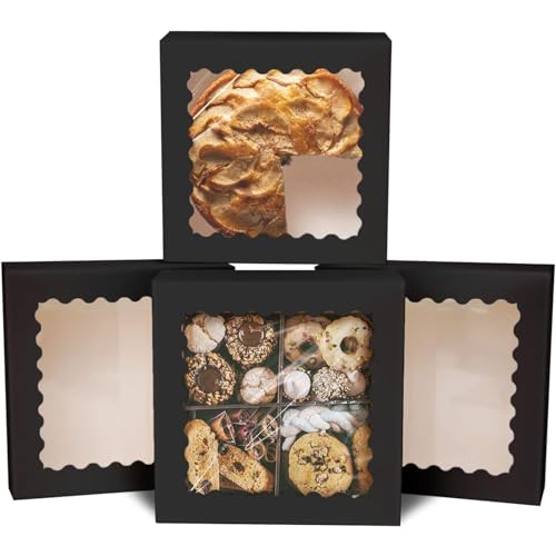 qiqee Auto-pop up Black Pie Boxes with Window 10x10x2.5 inch 30Packs Cookie Donut Bakery Box - color: Black, size: 10"x10"x2.5"/30 Pcs