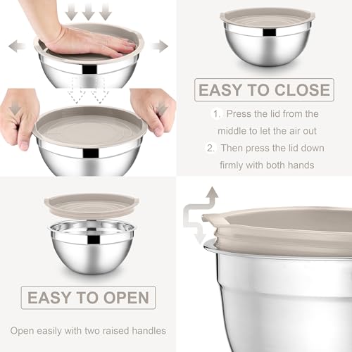 E-far Stainless Steel Mixing Bowls, 7PCS Mixing Bowls with Airtight Lids - color: Khaki, size: 7 Regular Sizes