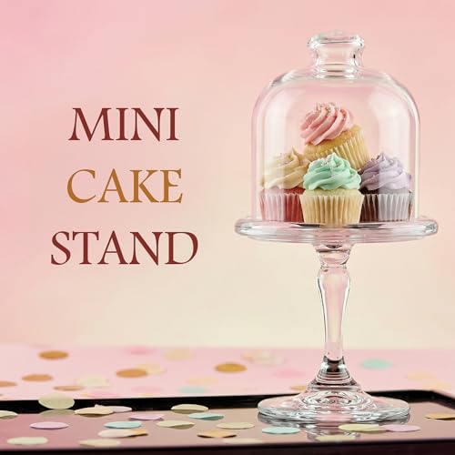 Mini Glass Cake Stand with Dome Lid – Small Pedestal Dessert Stand with Cover, Clear Glass Cupcake & Cookie Display (7x3x3 inches)