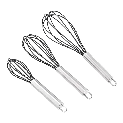 Amazon Basics Stainless Steel and Silicone Non-Stick Coated Whisk Set for Beating and Whisking, Dishwasher Safe, 8", 10", and 12", Pack of 3, Black