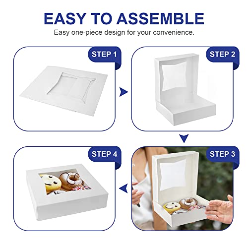 MT Products White Cookie Boxes - Size of 8" X 8" X 2.5" - (25 Pieces) Auto Pop-Up Bakery Boxes with Window - Made in the USA - color: White