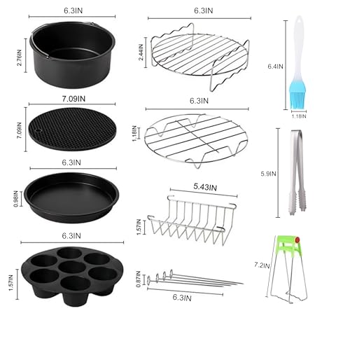 Air Fryer Accessories Set Fit for Gowise Gourmia Cozyna Ninja,Fit All 2.3qt-3.2qt Air Fryer,Kits with Skewers Silicone Mat,Pizza Pan,Cake Barrel,Non-Stick,Dishwasher Safe,Universal,6 Inch 10pcs,Black - style: 6 Inch 10-Piece