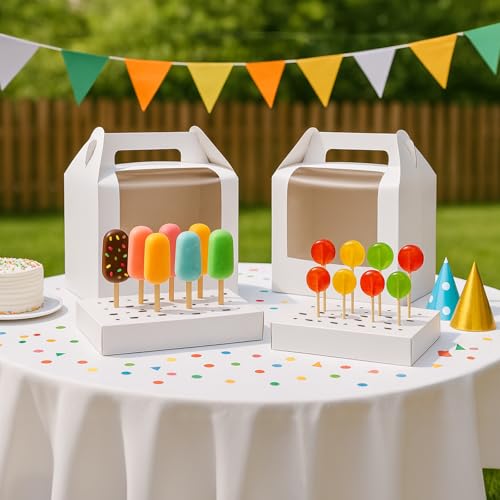 12Pcs Portable Cake Pop Holder Boxes, White Candy Boxes with Clear Window Cakes Pop Boxes Packaging Gift Cakes Pop Stand for Lollipops, Candy Pops, Wedding Birthday Baby Shower Party