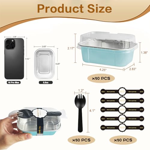 Mini Loaf Pans With Lids And Spoons 50 Pack,5.5 Oz Rectangle Mini Individual Cake Tins Disposable Small Aluminum Foil Baking Pans(50, Wathet) - color: Wathet