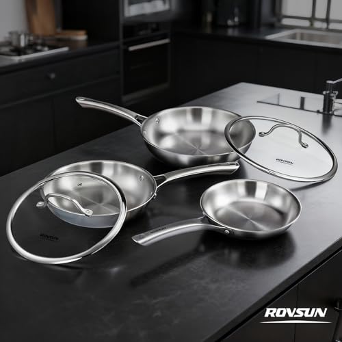 ROVSUN 8-10-12 Inch Stainless Steel Cookware Set, Tri-Ply Skillets Set with Lids, Full Clad Stainless Steel Chef's Pan, PFOA & PTFE Free Skillets, Compatible for All Cooktops, Dishwasher & Oven Safe - size: 5-Pieces Skillet with Lids