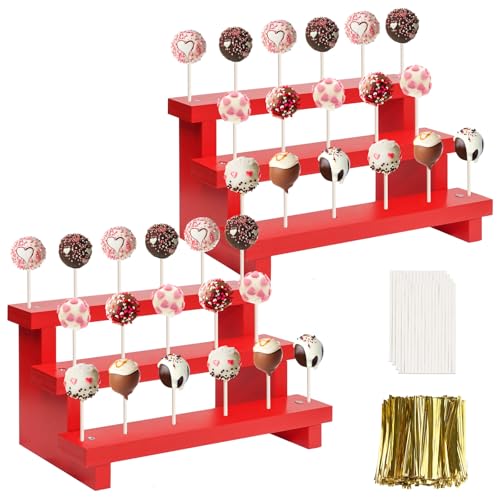 3 Tier Cake Pop Stand, 2 Pack Red 17 Hole Wood Lollipop Display Rack - color: Red-2P-17 Hole