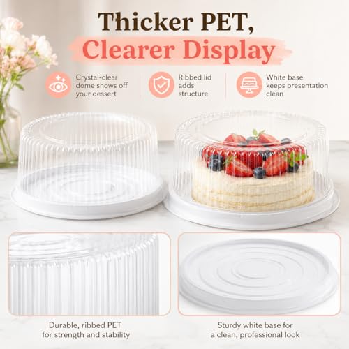 20 Pack 7 Inch Disposable Cake Containers with Lids, Clear Plastic Cake Carrier with White Base, PET Cake Boxes for Transport, Storing, Displaying Cakes, Bakery, Party, Dessert Gifts