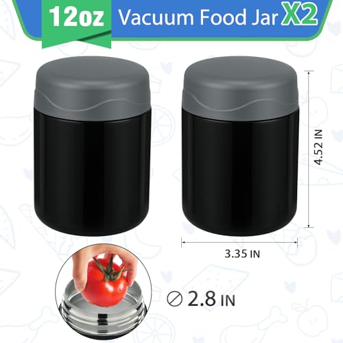 wiwens 12oz 2 Pack Insulated Food Jar Set for Kids Soup Thermo Hot Food Lunch Container Wide Mouth Leak Proof Stainless Steel Vacuum Bento Box for School Office Travel Outdoors - color: Black*2