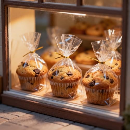 200 Pack 6"x2.4"x7"Cellophane Muffin Bags with Gold Twist Ties Flat Bottom - size: 6X7X2.4Inches