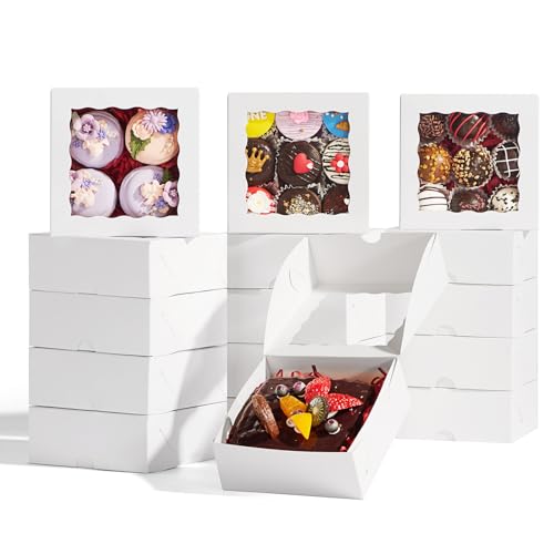 RomanticBaking 51PCS 5x5x2 Inch Bakery Boxes,Cookie Boxes with Window, Pastry Boxes for Macaroon Dessert Cupcake Donut Pastry Muffins - size: 5x5x2½"