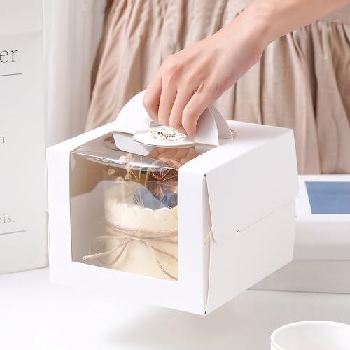 MUMULULU 15 PCS 6 x 6 x 6 Inches Cake Boxes with Carry Handles and Cake Boards White Bakery Boxes with Silk Ribbon and Stickers for Cakes Pastries Birthday Party Wedding - color: White 6×6×6