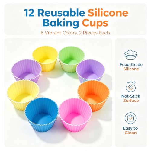 12 Pack Silicone Baking Cups, 6 Colors Silicone Muffin Liners Reusable - color: Colorful