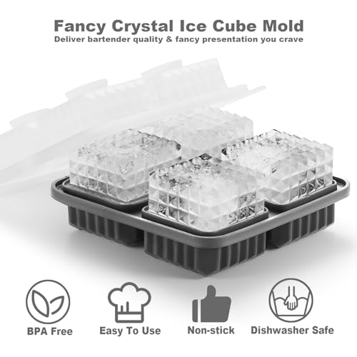 Nax Caki 3D Square Ice Cube Tray, Large Square Silicone Fun Shapes Whiskey Ice Mold with Funnel for Cocktails, Bourbon,Brandy, Whiskey Gifts for Men Black - style: Square Crystal
