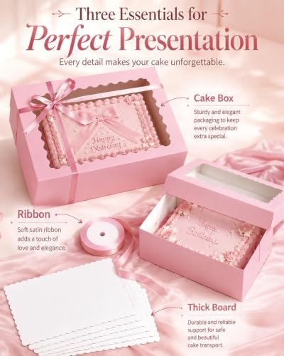 qiqee 16x12x4in Sheet Cake Box, Pink Quarter Bakery Box with Boards 6 Sets - color: Pink, size: 6 Sets, 16"x12"x4"