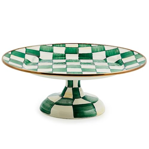 MACKENZIE-CHILDS Pedestal Platter, Small, Green-and-White Emerald Check - color: Emerald Check, size: Small