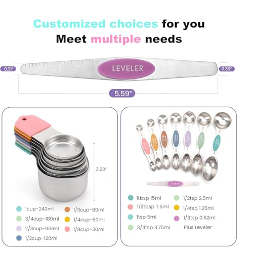 Magnetic Measuring Cups and Spoons Set, N52 Magnetic Nesting Design magnetic spoons, 304 Stainless Steel measuring cups, Dual-sided Design Set of 15 with Leveler for Dry & Liquid Ingredients - color: colorful