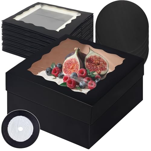 qiqee 12x12x6 Cake Box, 18 Sets Black Cake Box with Window ＆ 18 Sets 12" Cake Round Boards, 12inch Cake Containers, 10 Meters Silk Ribbon - color: Black, size: 18 Sets /12x12x6