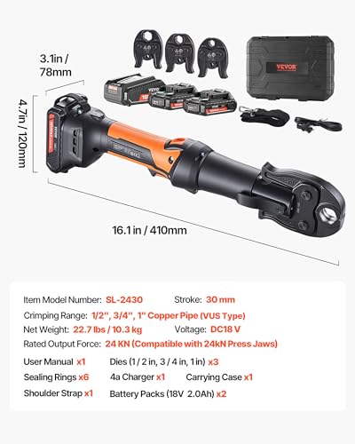 VEVOR Press Tool, 18V Electric Pipe Crimping Tool for 1/2", 3/4", 1" Copper Pipes, 24KN Press Tool Kit Compatible with ProPress - with 3 Press Jaws, 2pcs 18V 2AH Battery, Fast Charger & Carrying Case